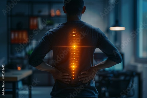 A man with a backache is shown in a dark room with a light shining on his back, acute pain zone concept