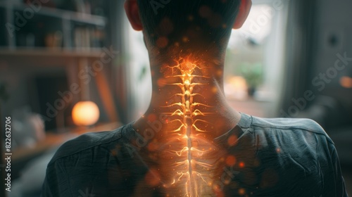 A man's neck is lit up with fire, creating a surreal and otherworldly effect, acute pain zone concept