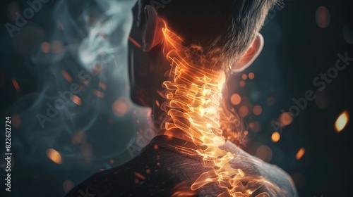 A man's neck is on fire, with smoke and sparks surrounding him, acute pain zone concept