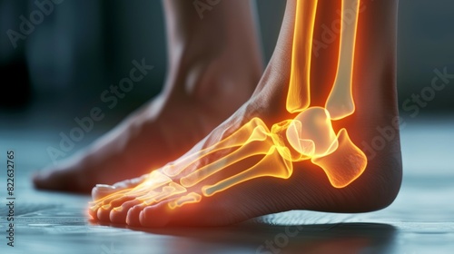 A person's foot is shown in a skeleton form with the bones of the foot, acute pain zone concept