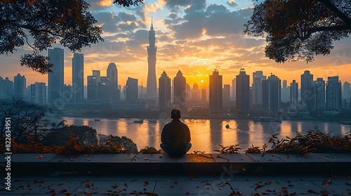 Chinese businessman taking moment of solitude amidst towering skyscraper of Guangzhou captured using HDR photography accentuate contrast between modern urban landscape individual's contemplative state