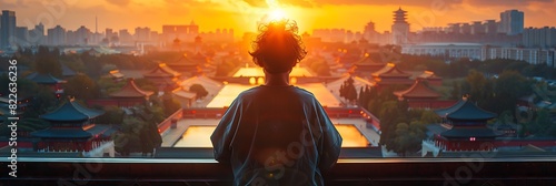 teenage boy admiring ancient architecture of Forbidden City Beijing photographed dusk to capture the warm hues of the sunset reflecting off the majestic palaces and pavilions of China's imperial past.