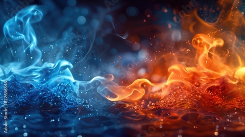 A depiction of fire and water colliding against a dark backdrop