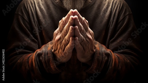 A man is praying with his hands clasped together