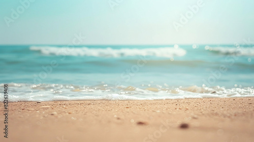 Serene beach waves and sandy shore. Tranquil beach scene with soft waves lapping at the sandy shore, perfect for travel and relaxation themes.
