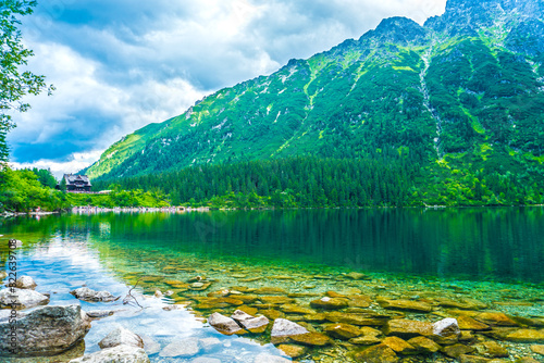 Tatra National Park in Poland. Mountains lake Morskie oko or Sea Eye lake In High Tatras. Five lakes valley