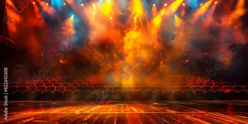 A Theater Stage Set with Empty Seats, Colorful Lights, and a Dramatic Atmosphere. Concept Theatre Stage Design, Colorful Lighting, Dramatic Atmosphere, Empty Seats, Theatrical Setting