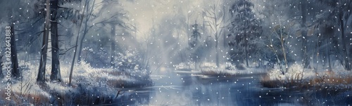 Painting of a snowy scene with a stream and trees. Winter background. Banner