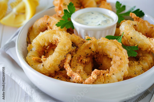 Golden Fried Calamari Rings with Tartar Sauce and Lemon Wedges