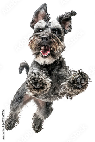 A playful miniature schnauzer dog jumps in mid-air with its tongue out. Its eyes are wide with excitement.