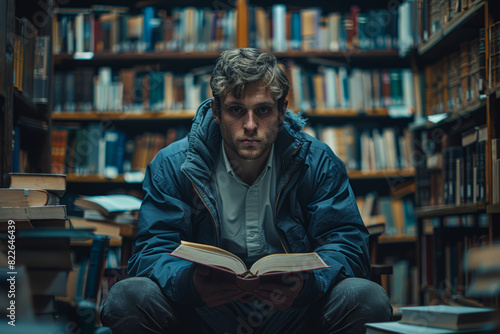 A student intensely studying in a library late at night. Concept of dedication and pursuit of knowledge. Generative Ai.