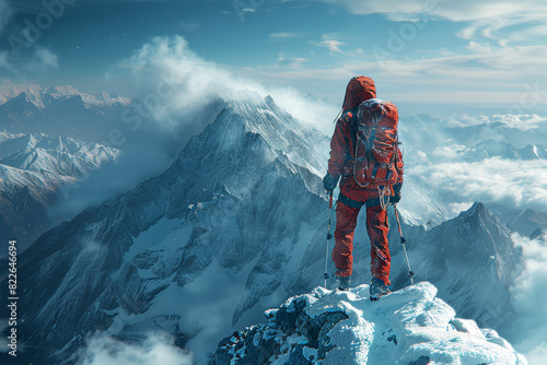 A solitary hiker reaching the peak of a mountain. Concept of achievement and perseverance. Generative Ai.