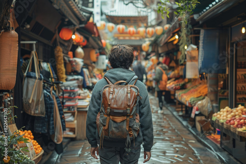 A traveler exploring a bustling market in a foreign country. Concept of adventure and cultural immersion. Generative Ai.