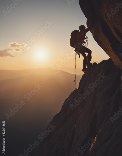 silhouette of a climber climbing a cliffy rocky mountain against the sun at sunset 