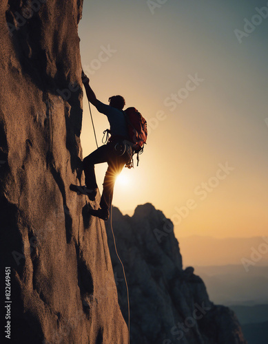 silhouette of a climber climbing a cliffy rocky mountain against the sun at sunset 