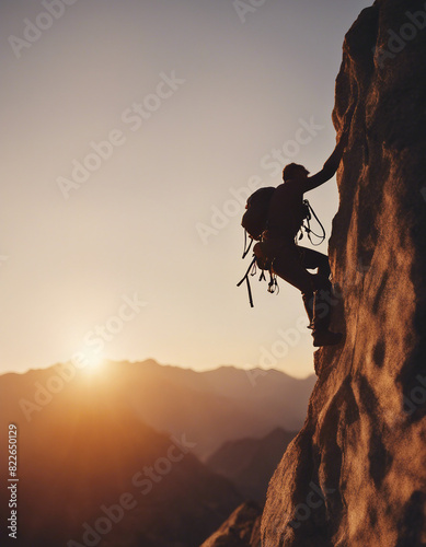 silhouette of a climber climbing a cliffy rocky mountain against the sun at sunset 