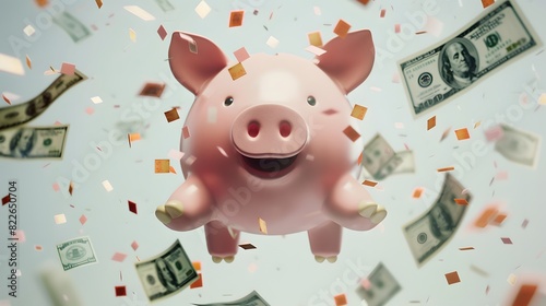 A sleek 3D piggy bank surrounded by dollar bills in mid-air, on a clean, solid white background