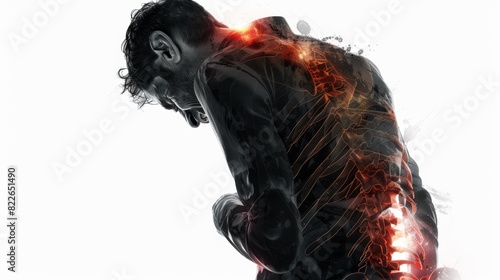 Rear view of a man holding his lower back in pain, with an overlay highlighting the spine and affected areas, illustrating back pain and spinal issues.