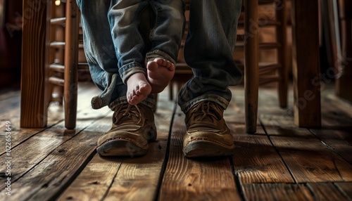 Father holds his son on his lap, his feet visible under the table