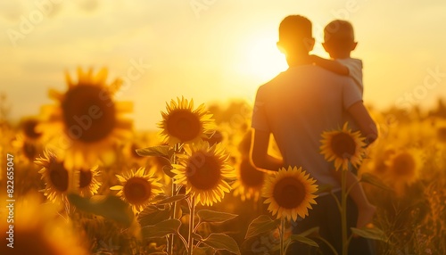 Father took his son to the sunflower garden