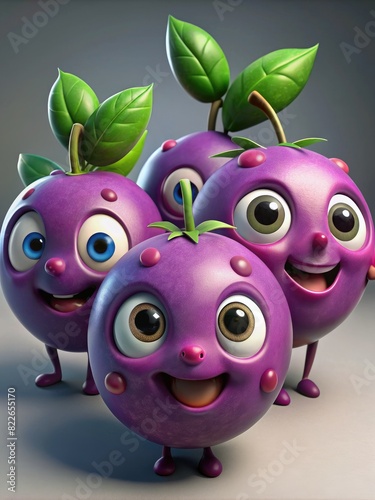 Group of Three Purple Fruit With Eyes. Generative AI