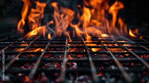 A close-up of a barbecue fire grill, isolated against a black background, highlighting the intense flames