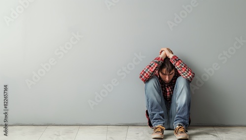 Individual sitting against wall covering face