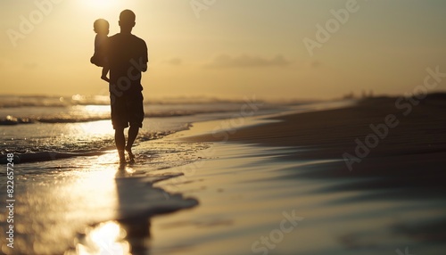 Silhouette of father taking his son to the beach