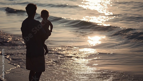 Silhouette of father taking his son to the beach