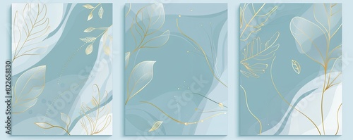 Abstract summer poster with golden leaves and delicate lines on blue background