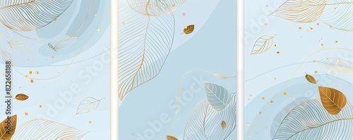 Abstract summer poster with golden leaves and delicate lines on blue background