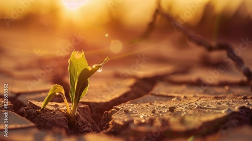 A small green sprout emerges from cracked, parched soil, symbolizing the resilience of nature and the fight against climate change. Concept of combating desertification