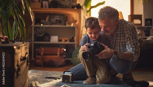 Moment of father and son doing photography work