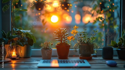 Laptop on windowsill with potted plants and sunset view