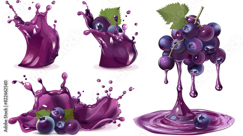 Dynamic purple grapes and juice splash on white background 