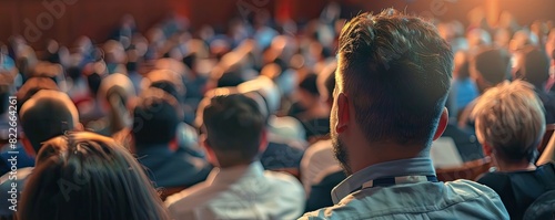 Audience attentively listening to a presentation in a large auditorium