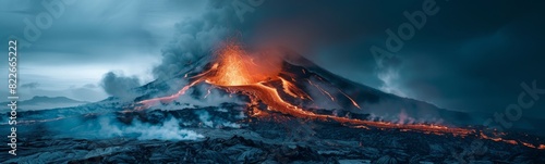 Volcano with lava and lava flowing into the air