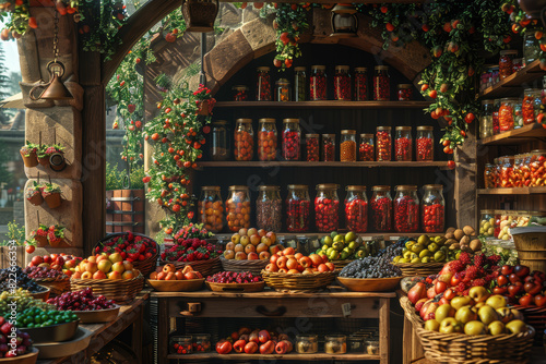 A bustling farmer's market brimming with baskets of ripe fruits, freshly baked bread, and jars of homemade preserves, each stall a celebration of the earth's bounty. Generative Ai.