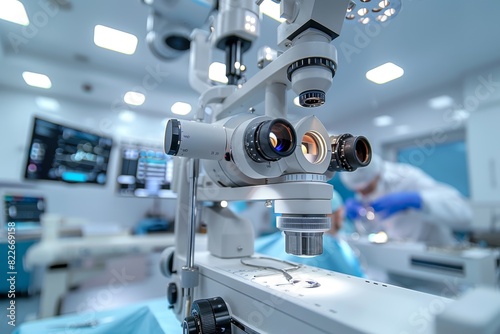 A surgical microscope in the operating room of a modern ophthalmological clinic. Vision correction, cataract treatment