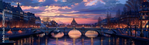 Painting of a sunset over a river with a bridge and buildings