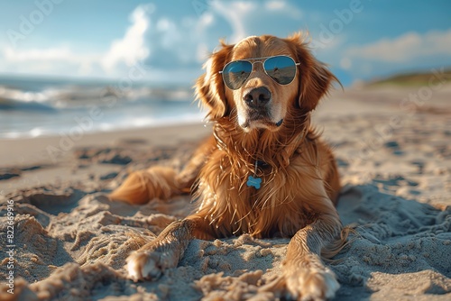 A funny dog lies on the beach by the sea wearing sunglasses.