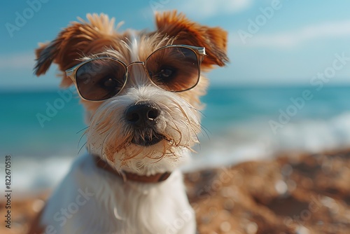 A funny dog lies on the beach by the sea wearing sunglasses.