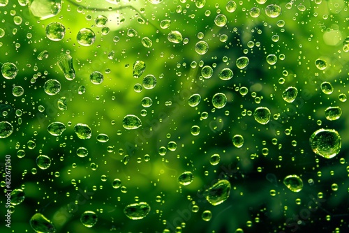 : A vibrant green abstract background filled with translucent bubbles, giving the impression of looking through a forest canopy on a dewy morning.