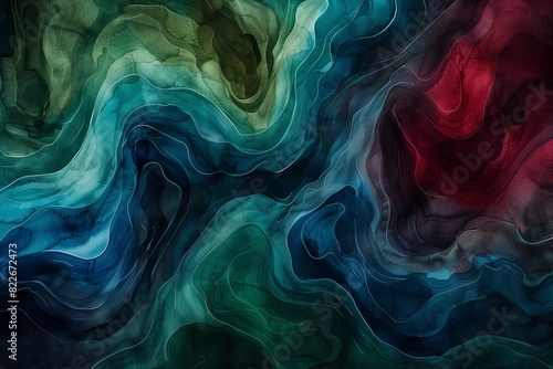 : An abstract background featuring rich, dark watercolors in emerald green, sapphire blue, and ruby red, swirling together to form a mysterious, gem-like texture.