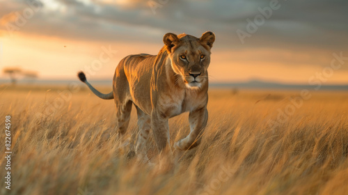 A lioness walking through the golden savannah grassland during sunset, capturing the wild beauty of the African plains.