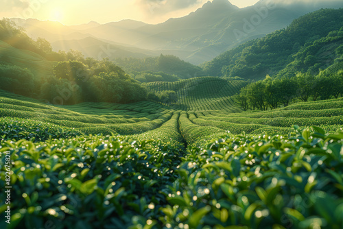 A tranquil tea garden bathed in golden sunlight, with rows of verdant bushes yielding fragrant leaves for brewing. Concept of nature and tea cultivation. Generative Ai.