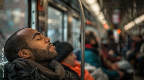 In a crowded train car a man listens to a guided meditation focusing on his breathing and finding inner calm amidst the chaos surrounding him.