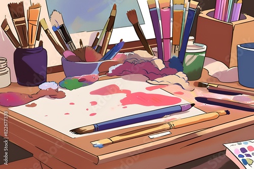 Cartoon artist's workspace with paintbrushes and colorful palette, creative studio, vibrant colors, artistic tools, messy desk, inspiration, art supplies