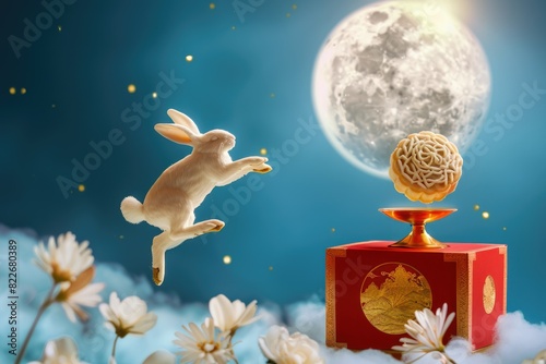 Moon cake. Mid-Autumn Festival. red gift box. Rabbit. Hare. Chinese New Year. Postcard. retro style