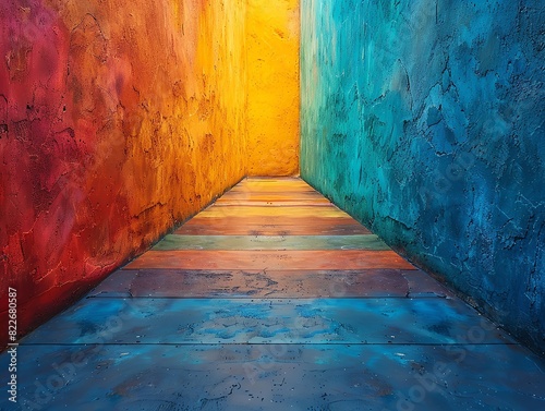 Abstract colorful pathway with vibrant red, orange, yellow, and blue walls.